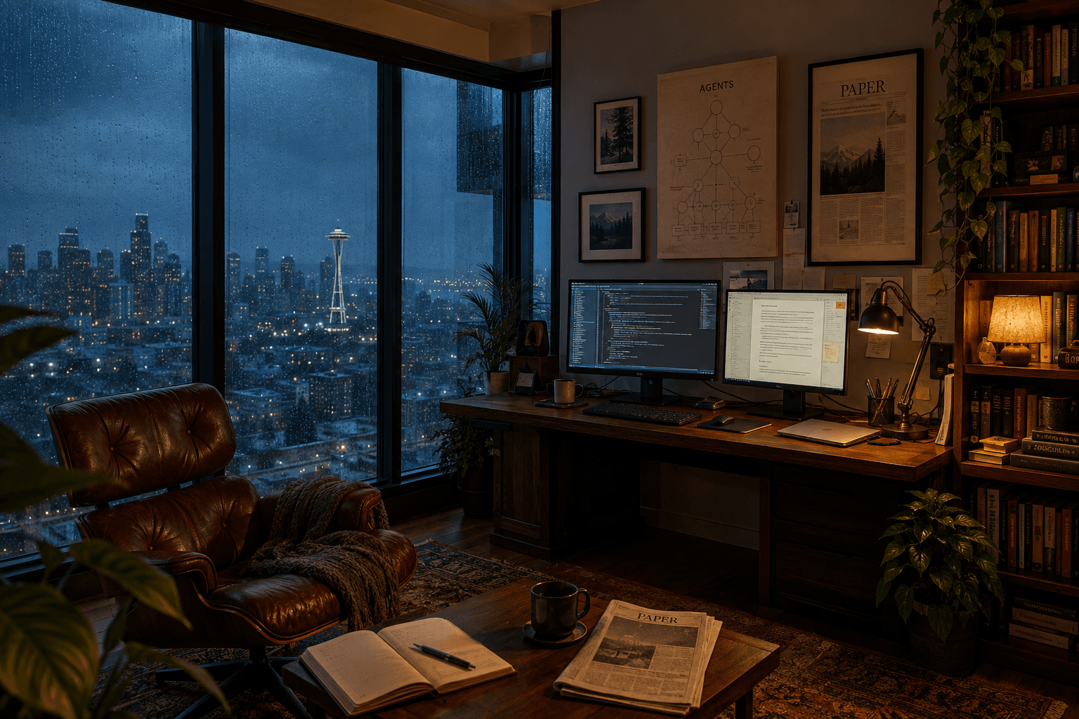 An imagined Seattle study at dusk: rain on tall windows, a leather reading chair, two monitors, bookshelves, posters, and a notebook on the coffee table